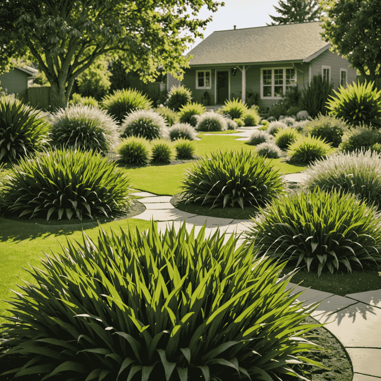 A lush, green lawn with various drought-resistant grass types, showcasing their resilience under bright sunlight