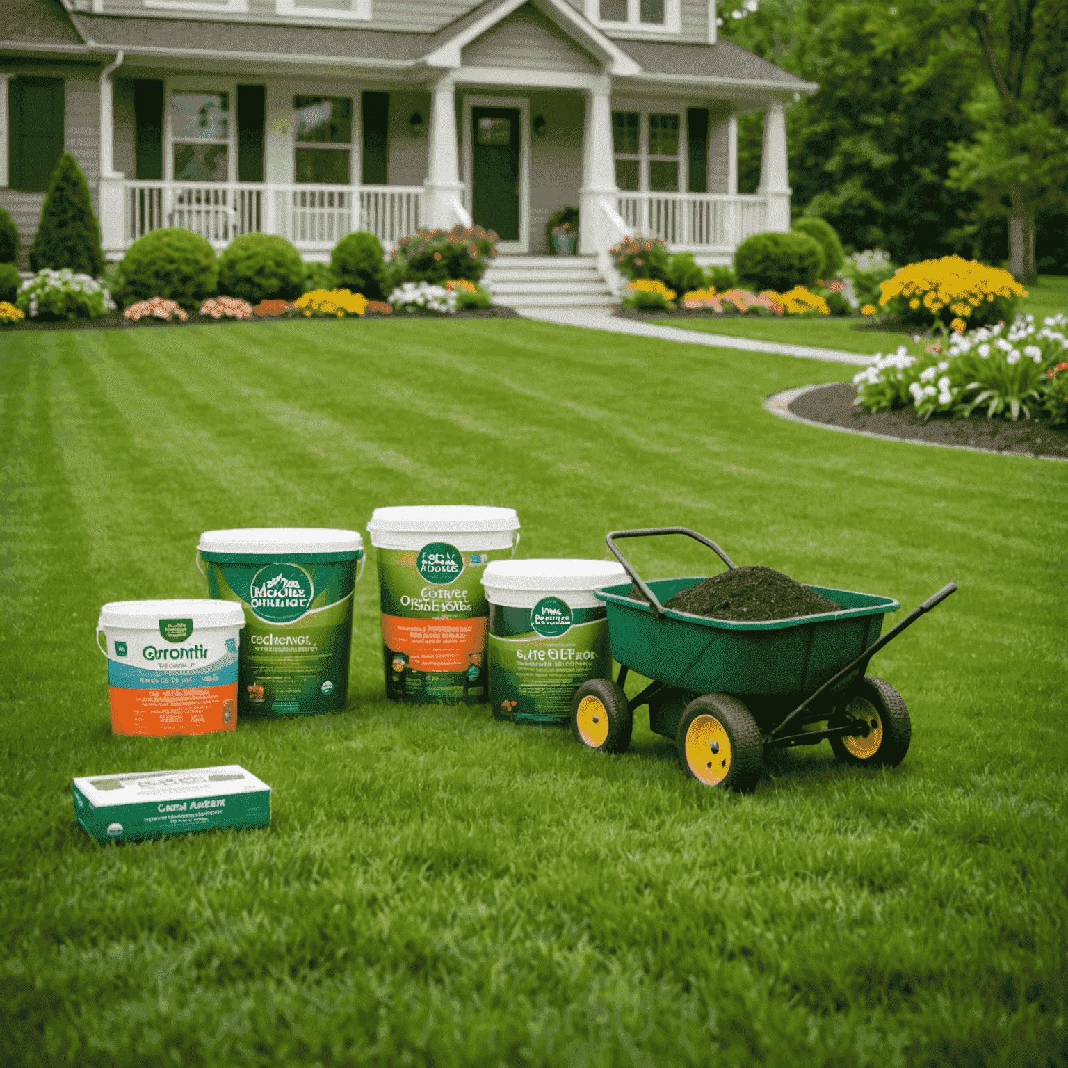 A lush green lawn with various organic fertilizer products displayed in the foreground, showcasing eco-friendly lawn care solutions