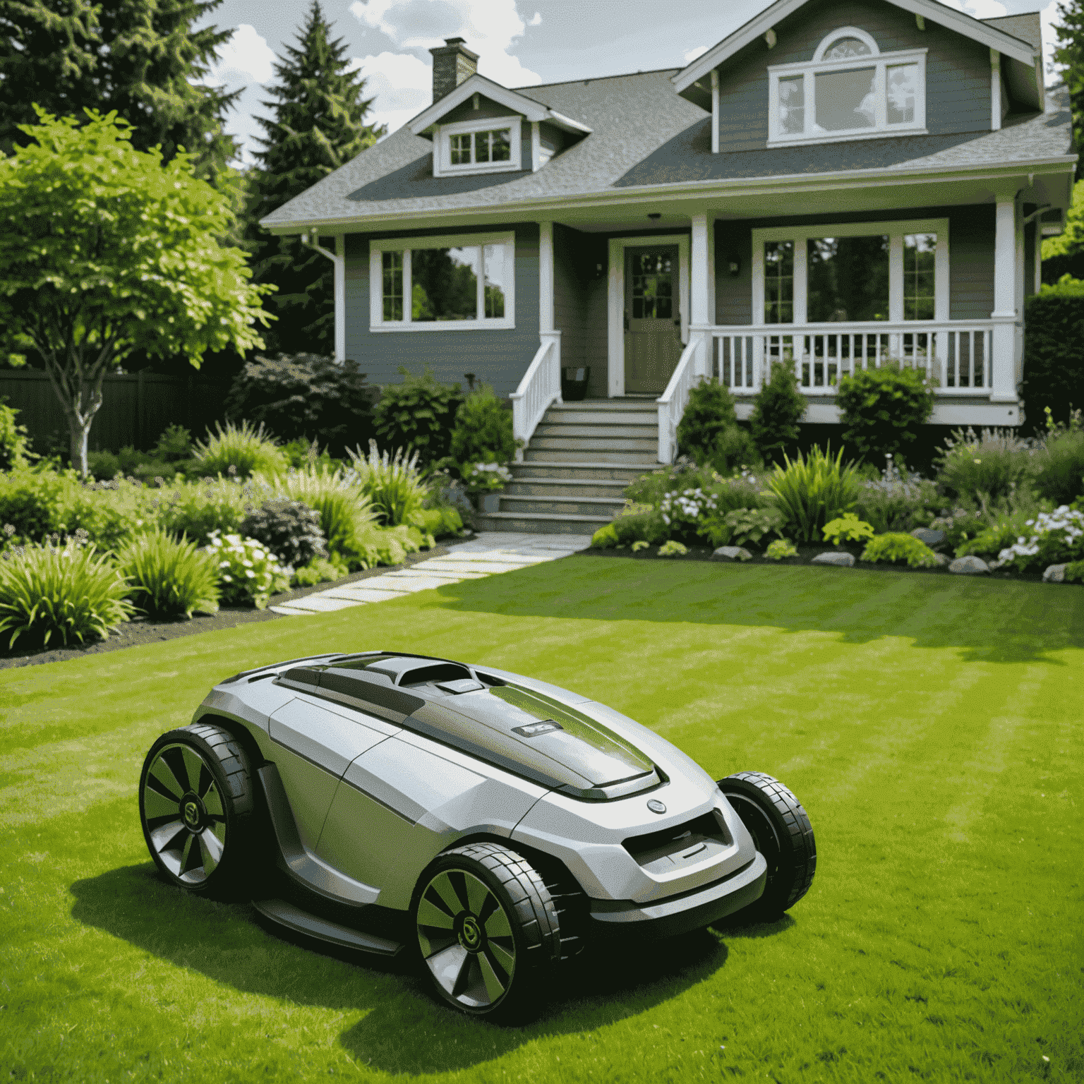 A futuristic robotic lawn mower navigating a lush green lawn with precision, surrounded by garden beds and a modern house in the background