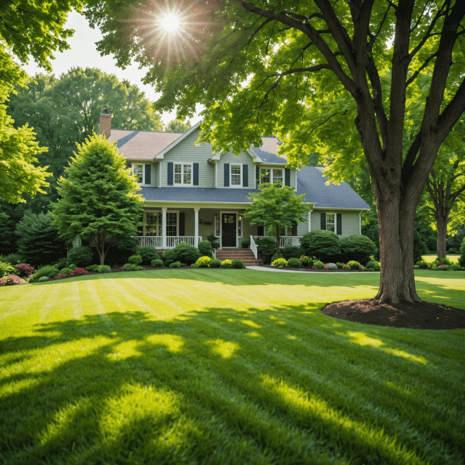 A lush, perfectly manicured green lawn with sunlight filtering through trees, showcasing the results of professional lawn care services