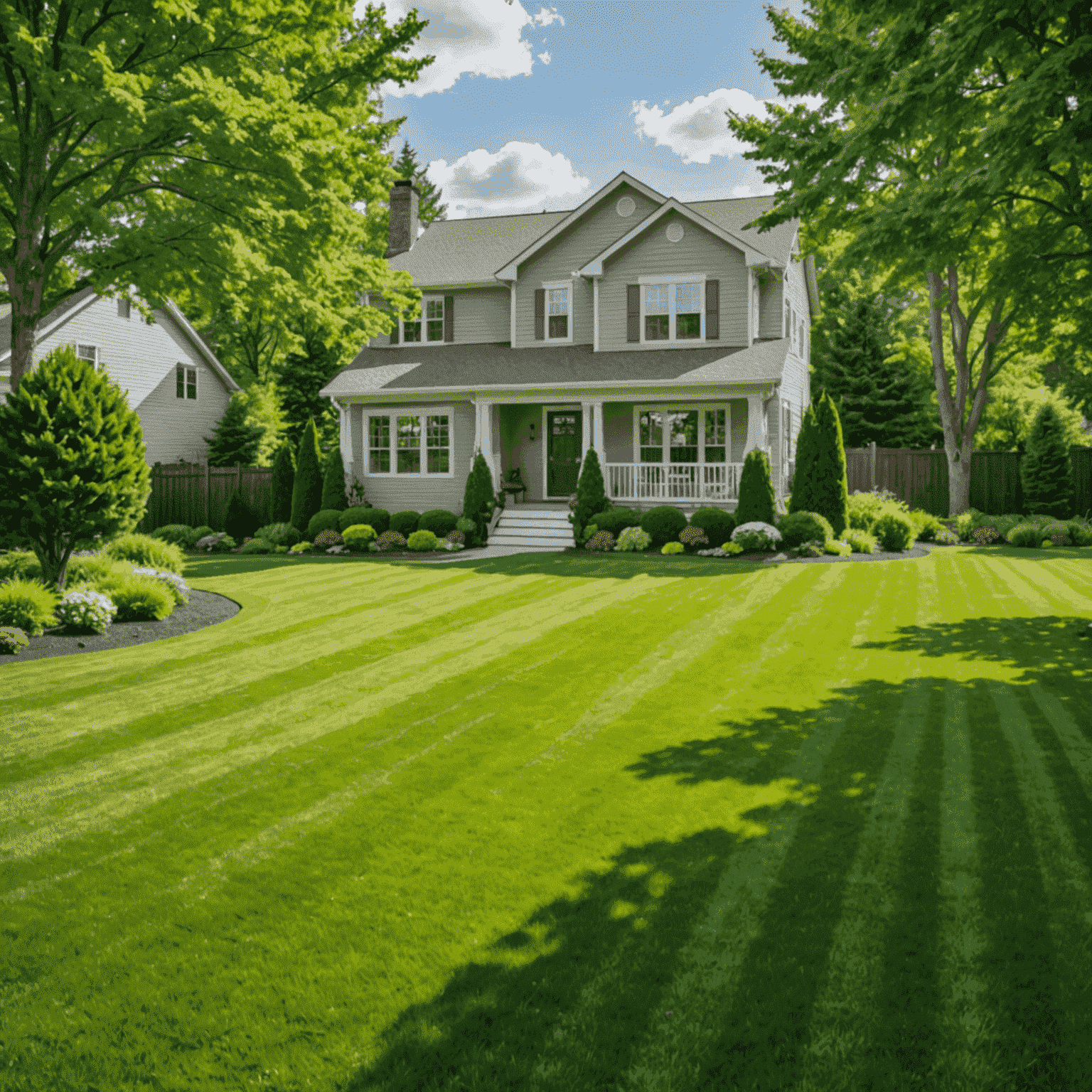 A well-manicured lawn with perfectly cut grass, showcasing straight mowing lines and a healthy green color under bright sunlight