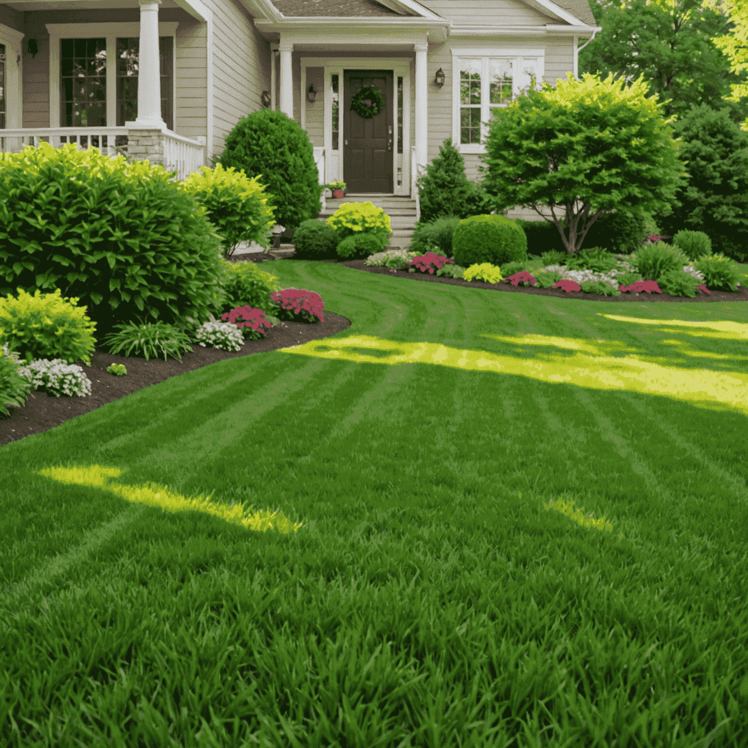 A lush, vibrant green lawn with perfect grass blades glistening in the sunlight, showcasing the results of professional fertilization