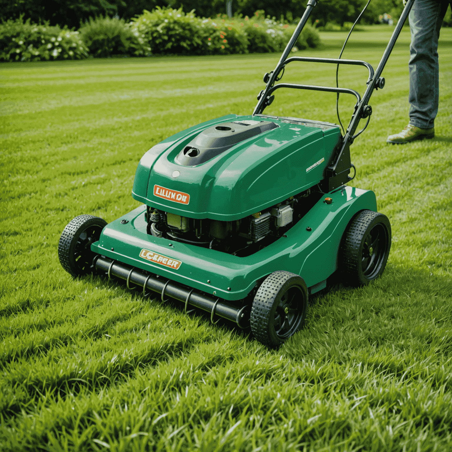 Lawn aeration machine punching holes in a lush green lawn, with scattered grass seeds visible on the surface
