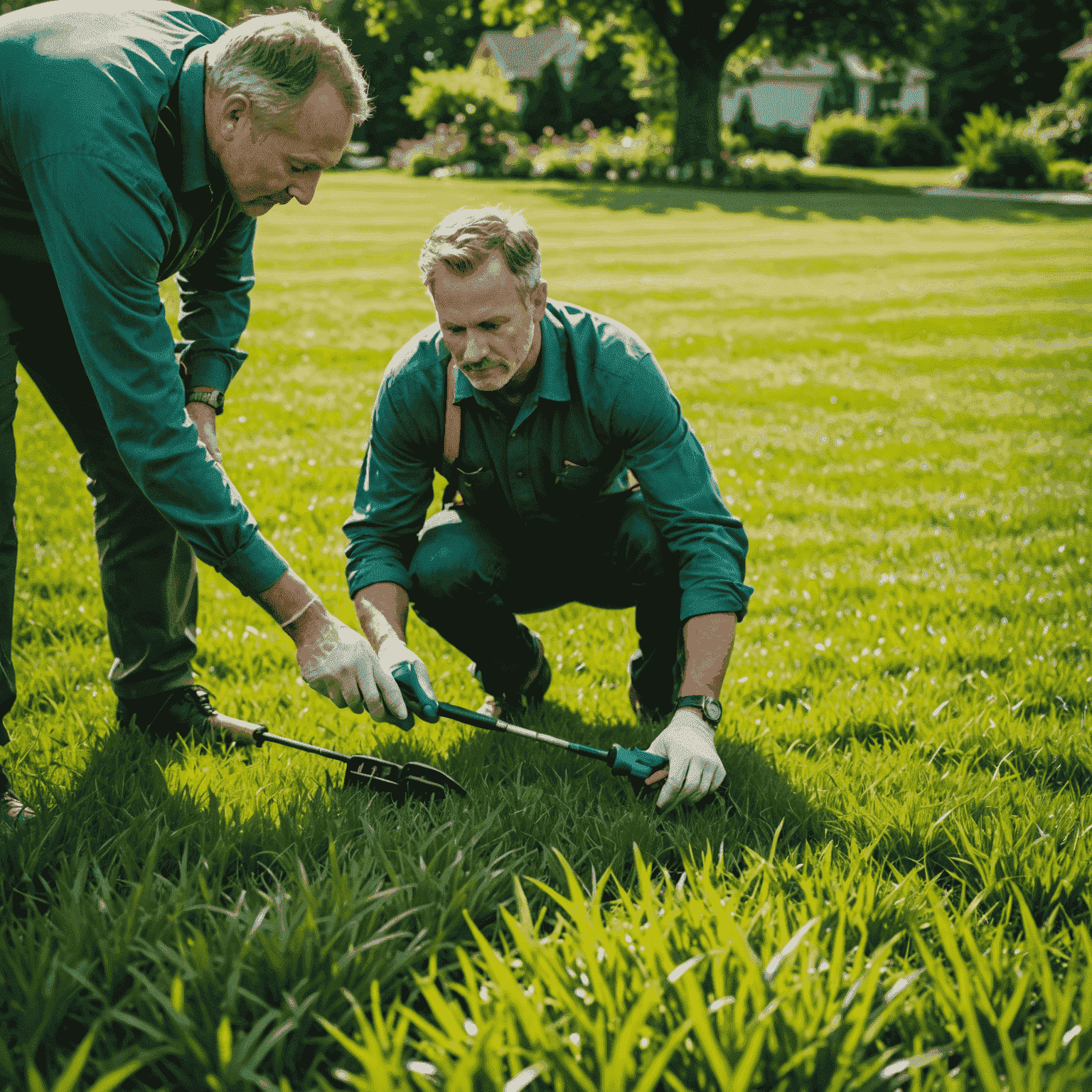 A lawn care expert examining grass closely, using tools to measure soil pH and moisture levels. The image shows a lush, green lawn with sunlight filtering through trees.