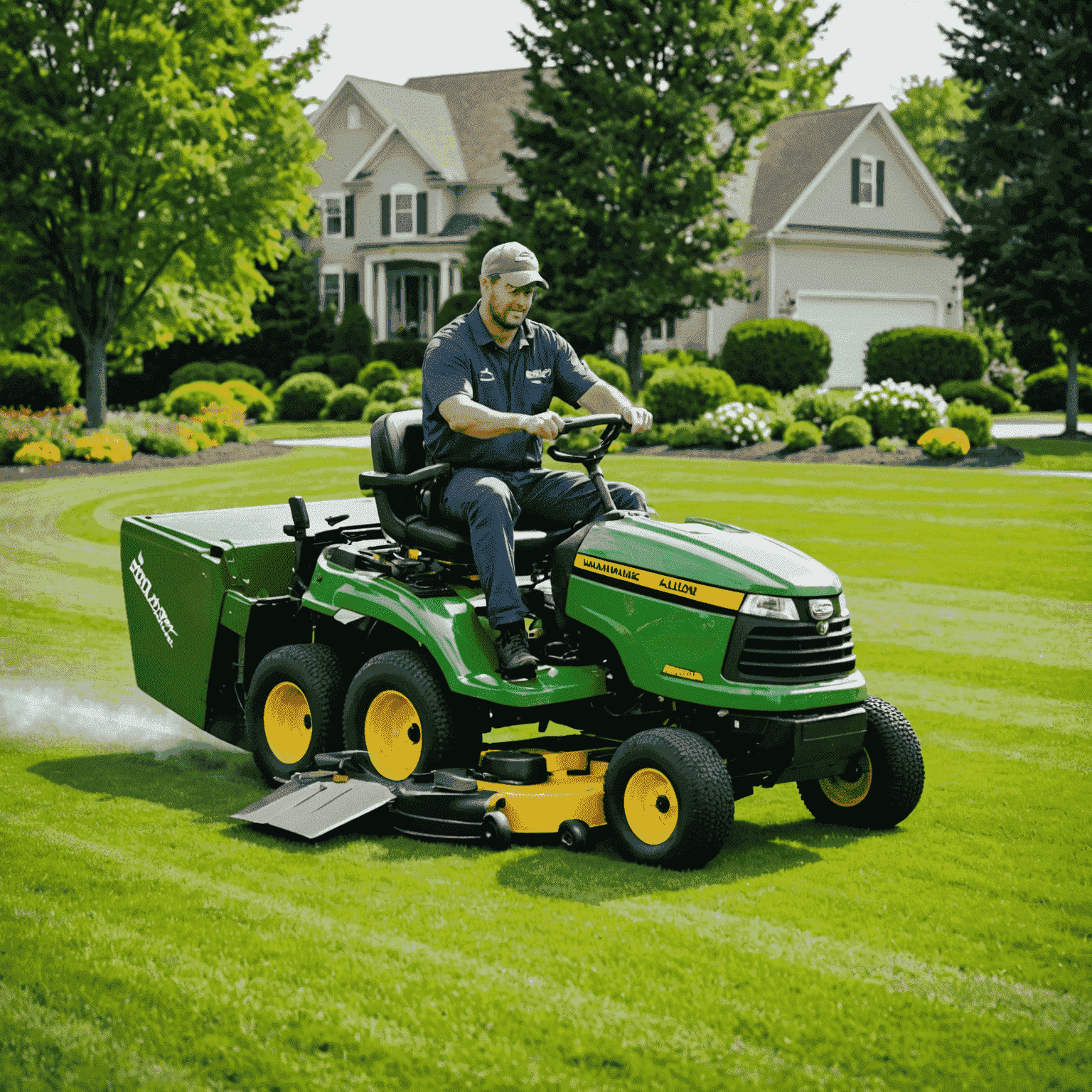 A team of lawn care professionals at work, showcasing various aspects of lawn maintenance. The image depicts workers using modern equipment for mowing, applying fertilizer, and performing weed control, all while wearing uniforms that represent the hloinmikle_com brand.