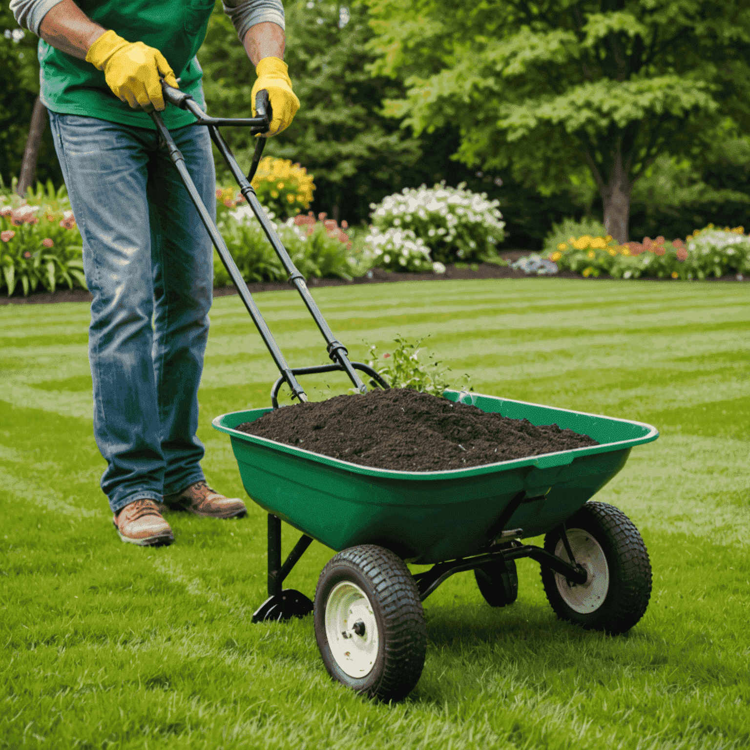 A gardener applying organic fertilizer pellets to a lawn using a spreader, with visible improvement in grass health