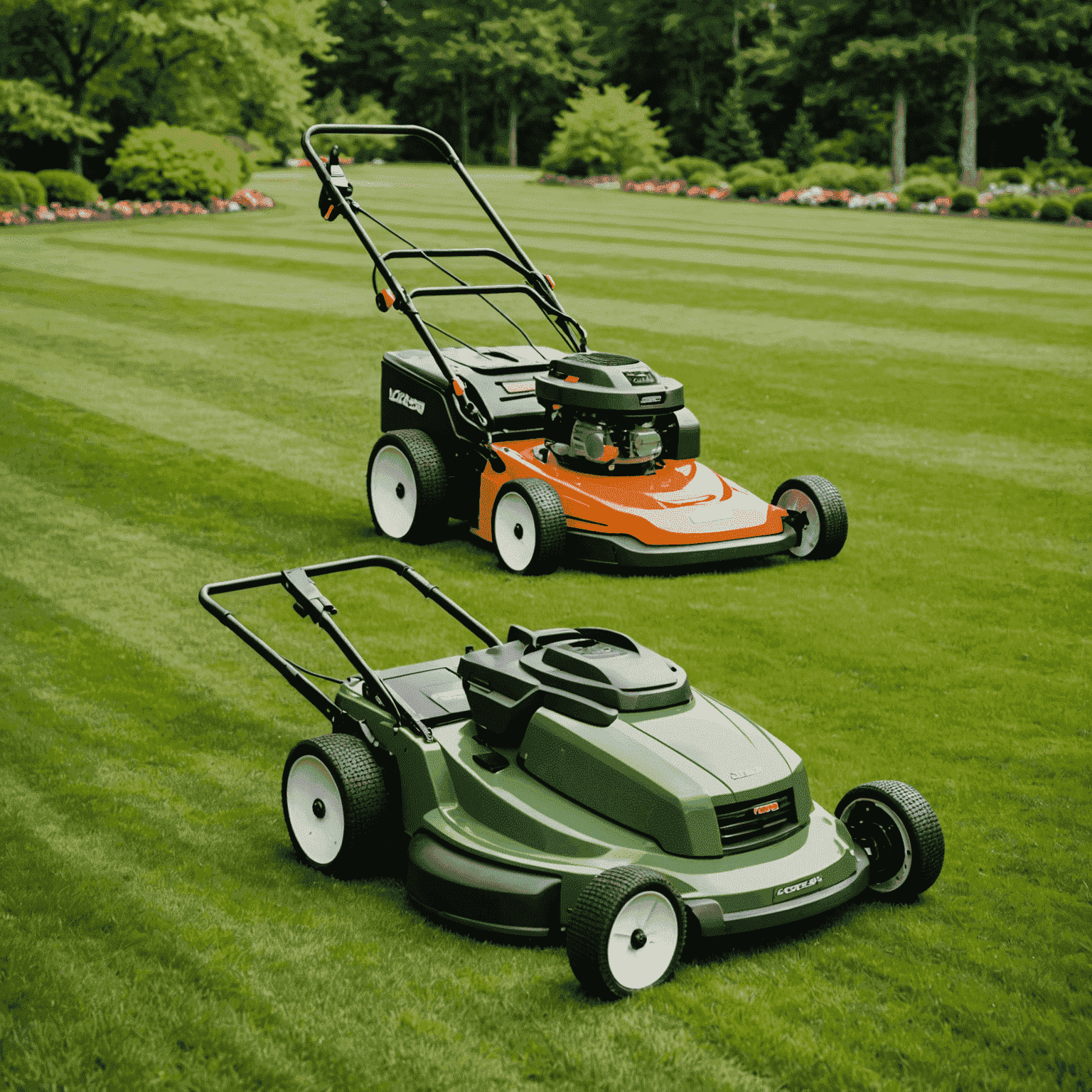 A split-screen image showing a traditional push mower on the left and a sleek, modern smart mower on the right, highlighting the contrast in lawn care technology