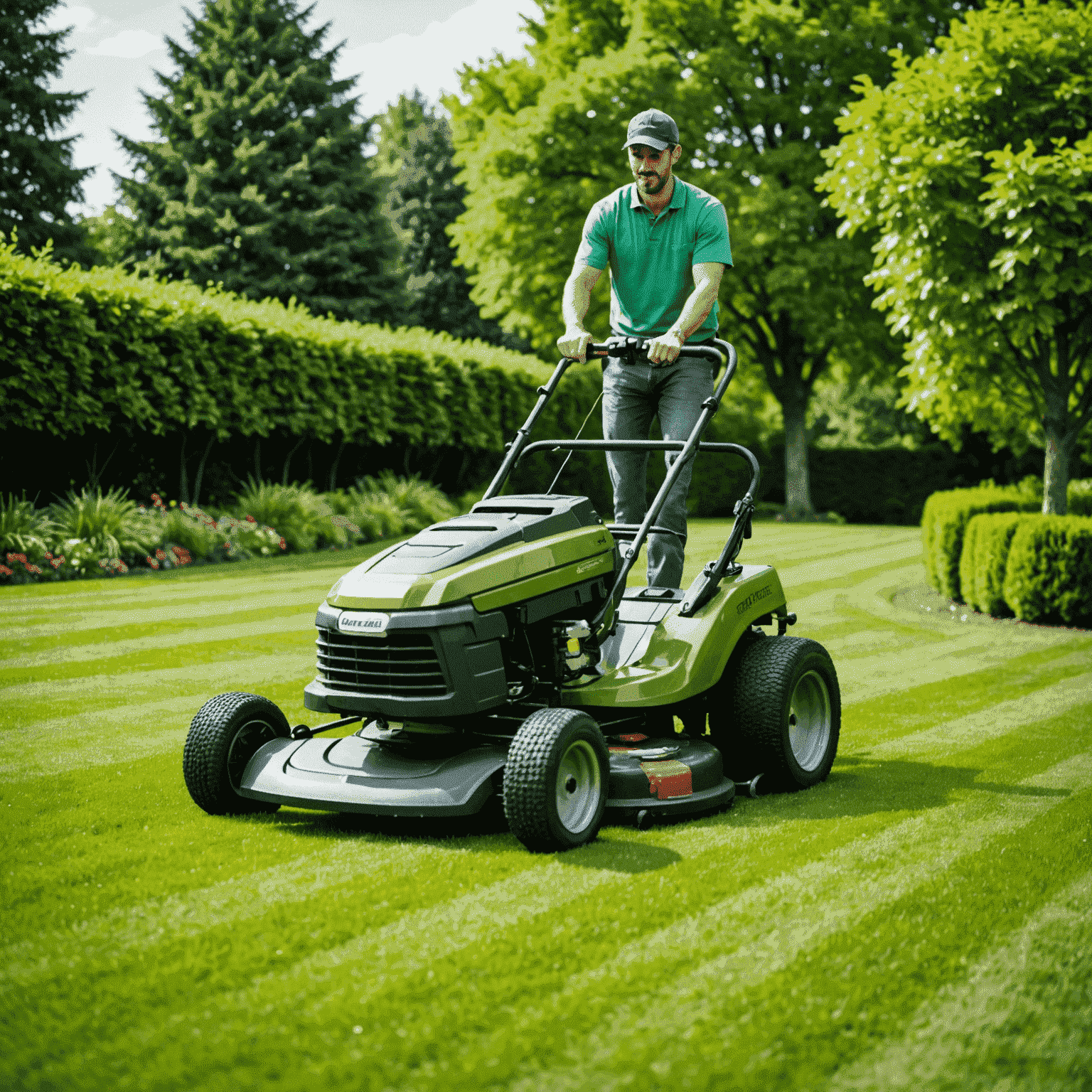 A lush green lawn being mowed by a professional landscaper with a modern lawn mower, showcasing neat, parallel lines in the freshly cut grass