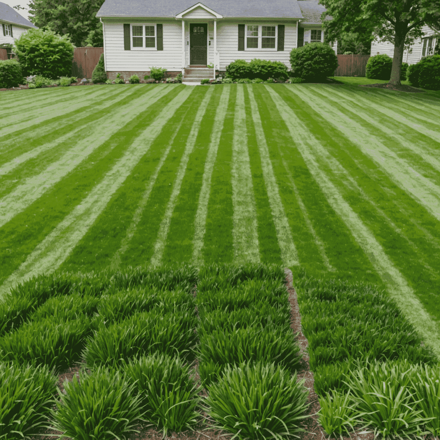 A split image showing a before and after of a lawn mowing service, with overgrown grass on one side and a neatly trimmed, lush green lawn on the other
