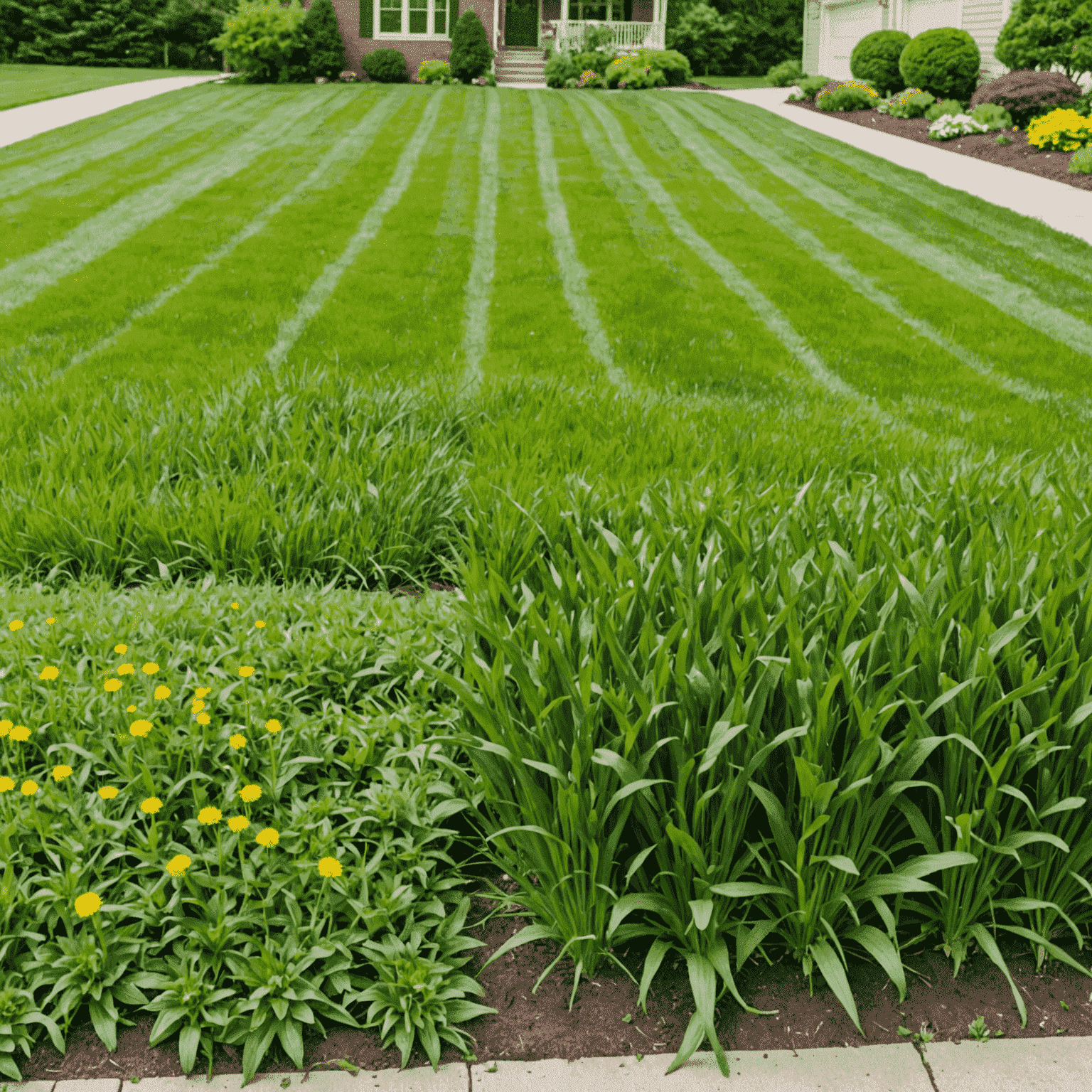A side-by-side comparison of a lawn before and after professional weed control treatment. The 'before' side shows a lawn overrun with dandelions and crabgrass, while the 'after' side displays a uniform, weed-free green lawn.