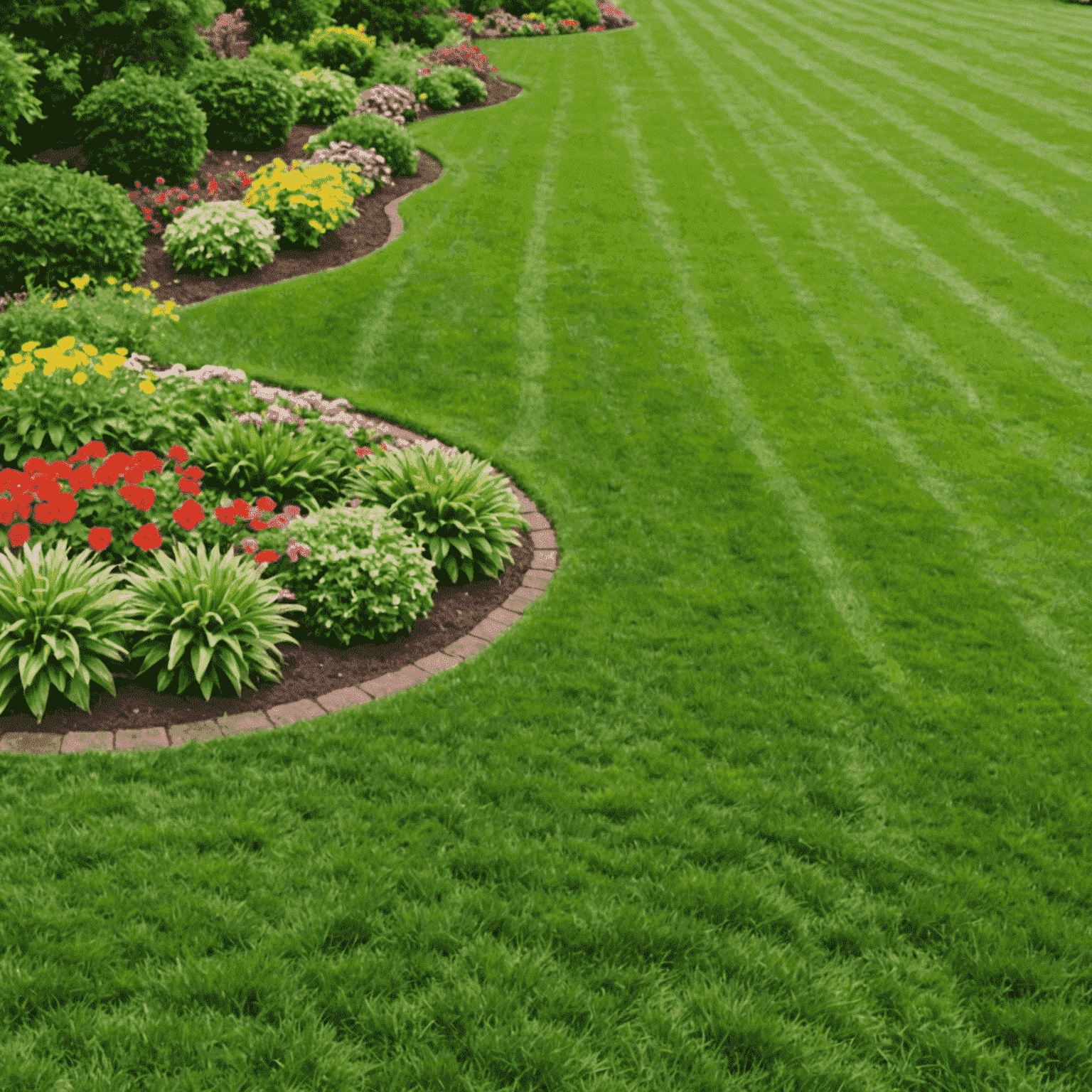 Before and after images of a lawn. The 'before' shows a patchy, brownish lawn, while the 'after' displays a lush, uniform green lawn with vibrant flowers along the edges.