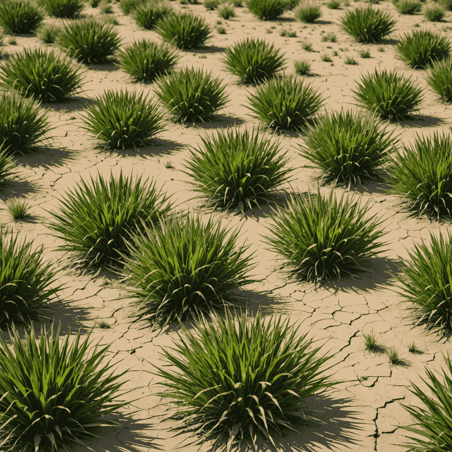Various types of drought-resistant grass varieties growing in a dry landscape, showcasing their resilience and green color despite water scarcity