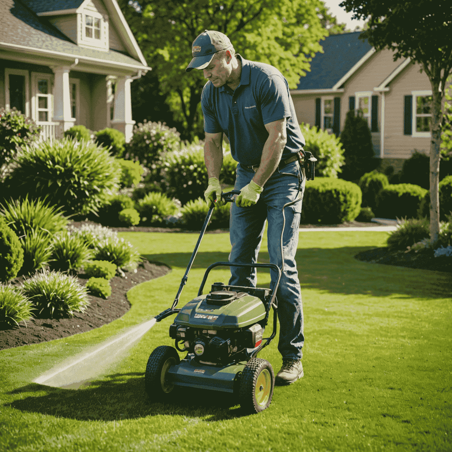 A landscaper performing lawn aeration and overseeding with drought-resistant grass seeds on a sunny day