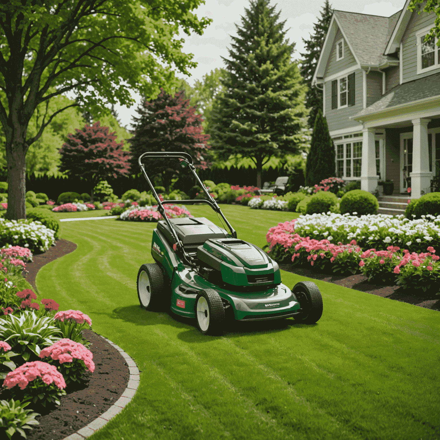 A lush, perfectly manicured lawn with visible lines from a smart mower, surrounded by vibrant flower beds and healthy trees, showcasing the results of AI-powered lawn care