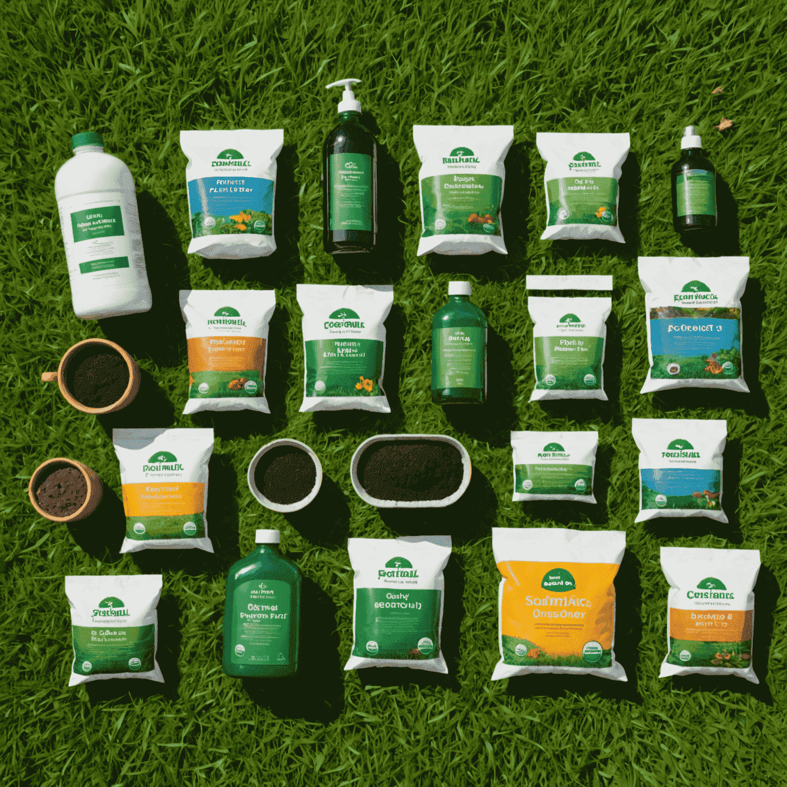 An array of organic and eco-friendly fertilizer products displayed on a lush green lawn, with visible soil microorganisms and plant roots to illustrate their beneficial effects