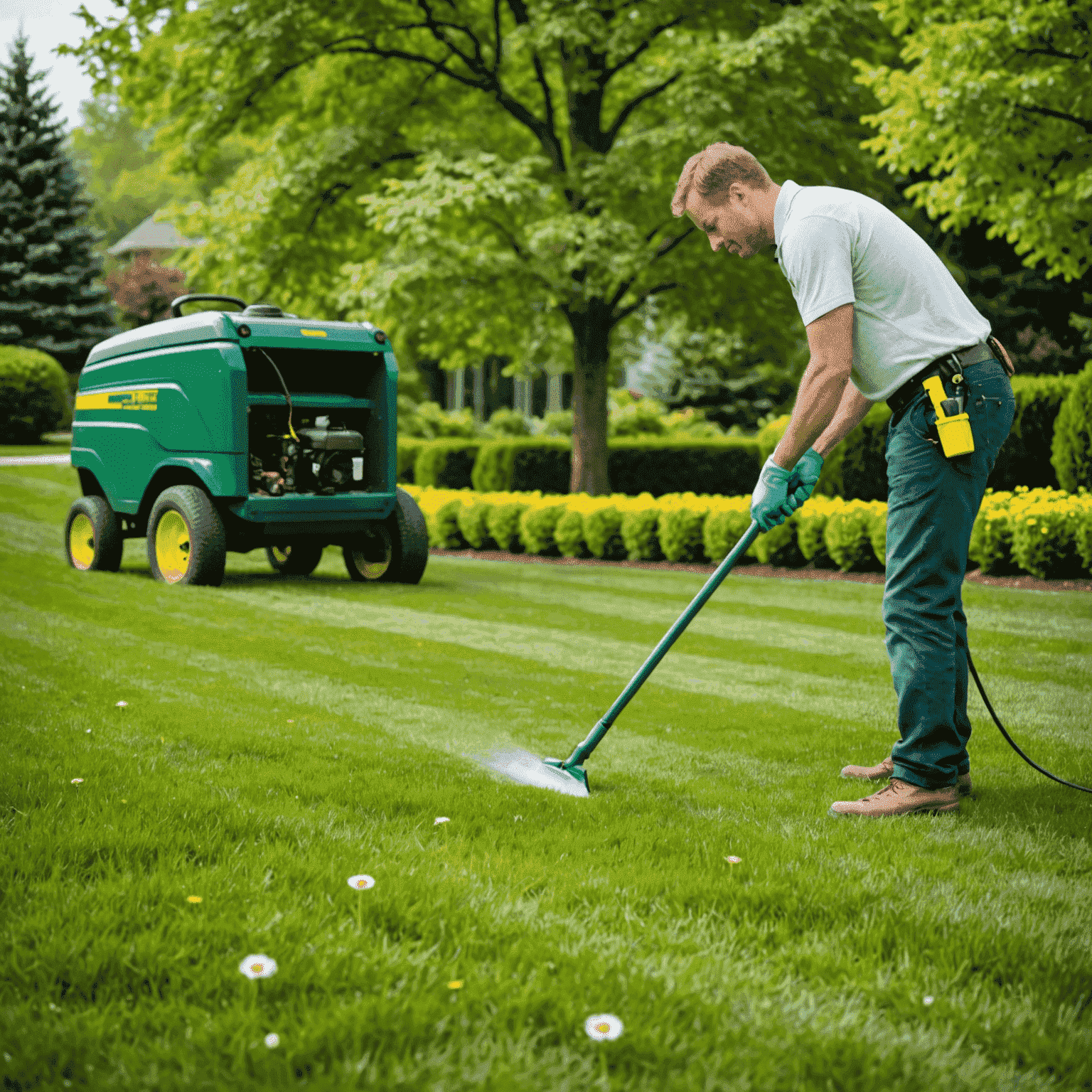 A lawn care professional applying targeted weed control treatment to eliminate dandelions and other weeds from a pristine lawn