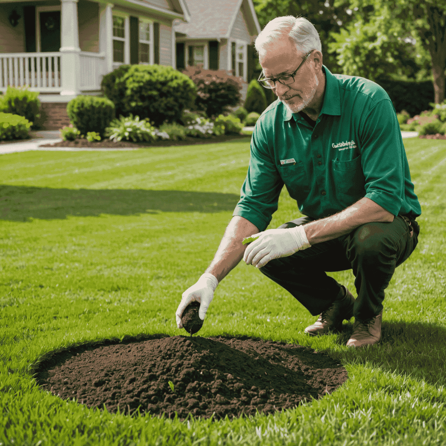 A lawn care expert examining a grass sample and soil, providing personalized advice to a homeowner for optimal lawn health
